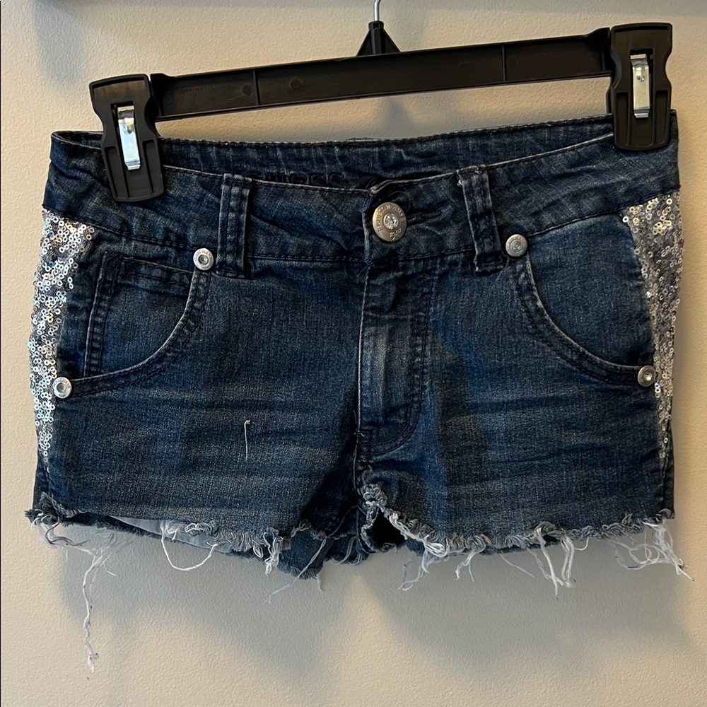 GUESS Dark Blue Denim Shorts with Silver Sequin Sides size 10